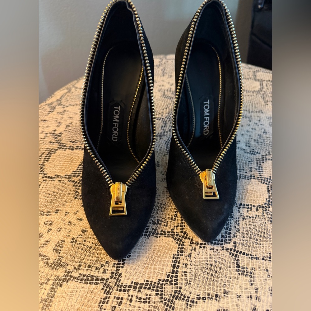 Tom Ford Black Heels with Gold Zipper Detail